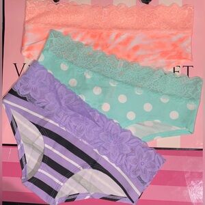 3 Victoria’s Secret Pink Panties bundle cotton lace hipster tie dye polka dot